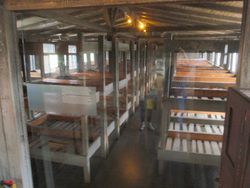 Prisoner barracks beds.